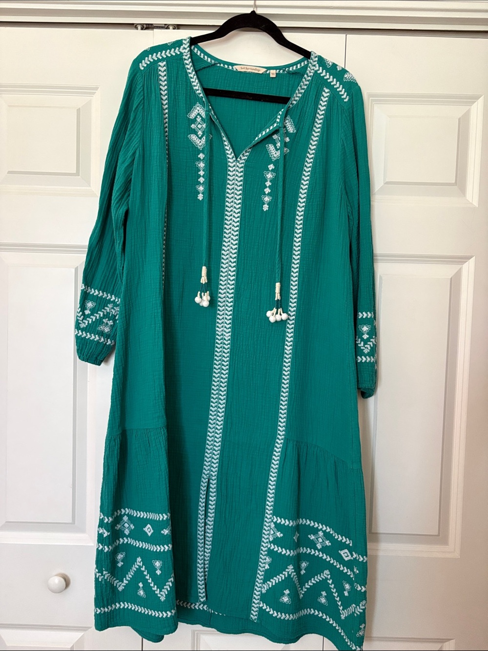 Soft Surroundings Teal Midi Dress with White Embroidery